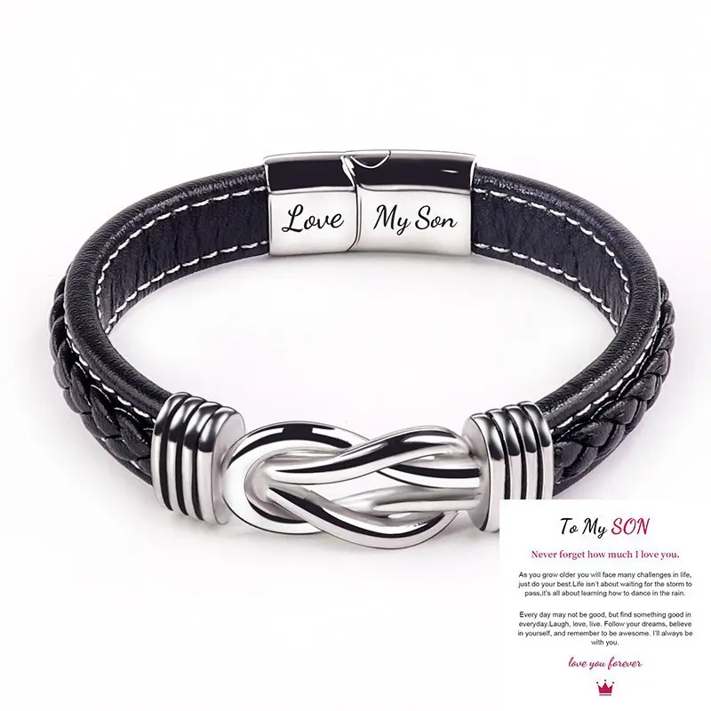 Sicbumi Unisex Infinity Knot Love Bracelet - Men's Multi-Layer Braided PU Leather Bracelet with Clasp, Stainless Engraving Jewelry for Birthday Gift, Daily Wear from Mom