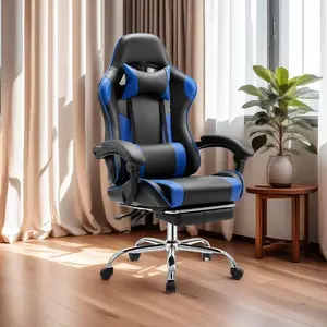 Gaming Chair with Speakers Massage Computer Gaming Chair with LED Lights and Footrest High Back Video Game Chair for Adults Blue and Black Gaming Chair with Footrest High Back Video Game Chair with Headrest & Lumbar Support Height Adjustable Leather Swive