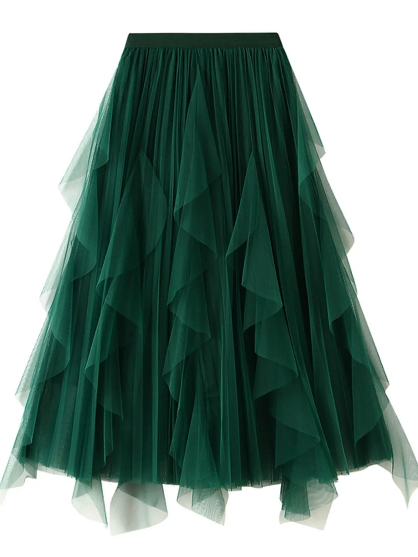 Women's Plain Draped Ruffle Pleated Woven Tulle Skirt, Elegant Fitted Midi A-line Skirt for Party Dating Wear, Ladies Spring & Fall Bottoms, Womenswear, Formal Fashion Skirt