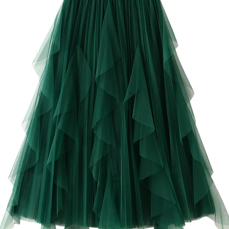 Women's Plain Draped Ruffle Pleated Woven Tulle Skirt, Elegant Fitted Midi A-line Skirt for Party Dating Wear, Ladies Spring & Fall Bottoms, Womenswear, Formal Fashion Skirt