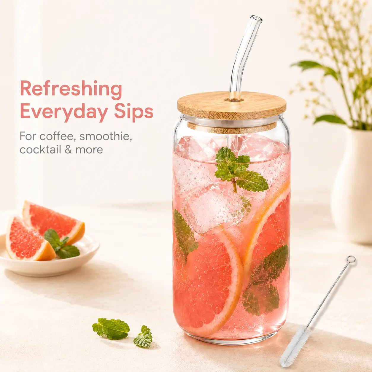 MIUVA Glass Cup with Bamboo Lid and Straw, 16 oz Borosilicate Glass Tumbler with Cleaning Brush, Reusable Can-Shaped Drinking Cup for Iced Coffee, Tea, Juice, Cocktails and More