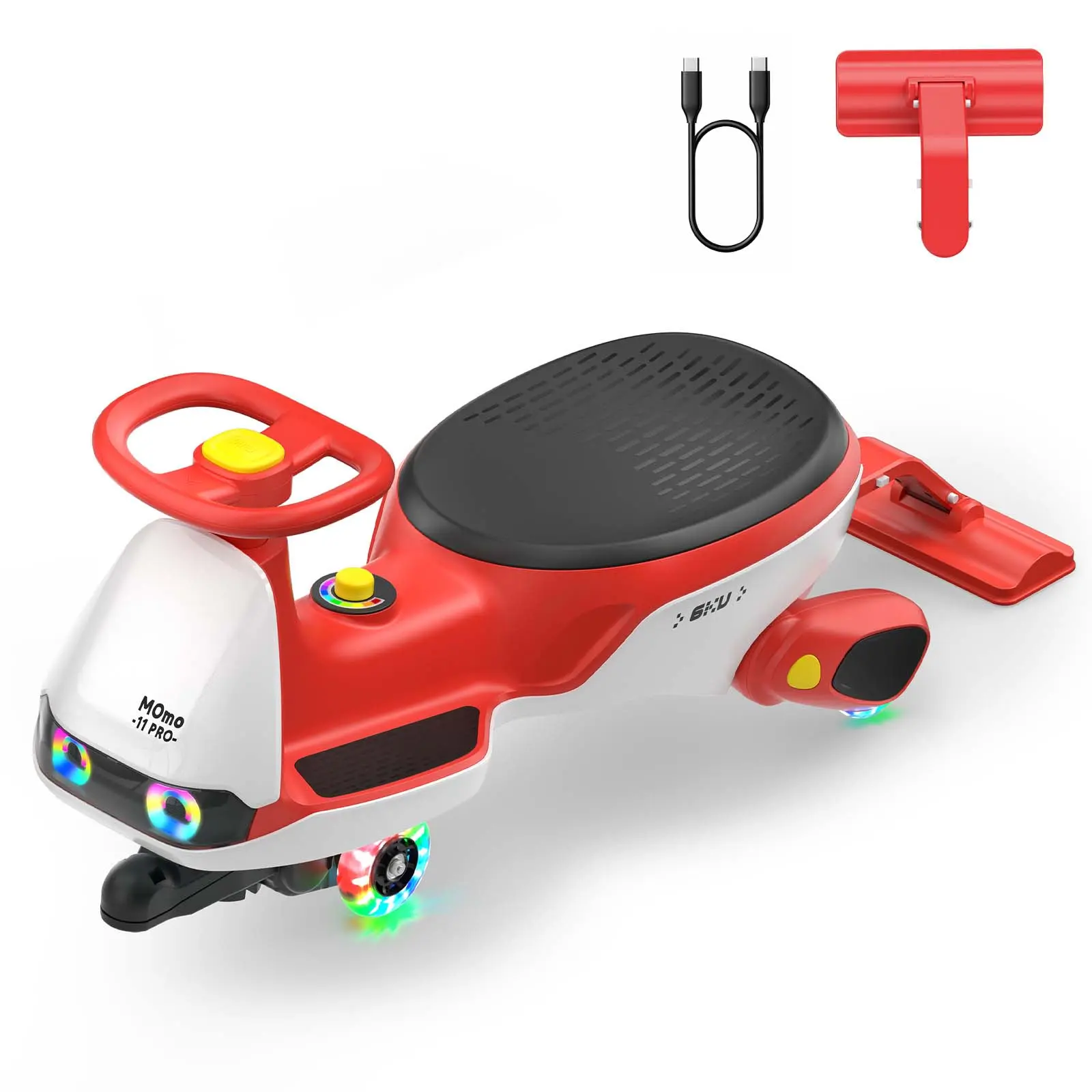 6KU Momo 11 Pro Electric Wiggle Car, Type-C Charging, RGB Eye Lights, Red | Kids Car with Detachable Mop, 2 Speeds Max 4 Mph, Bluetooth, Flashing Wheels, Anti-Rollover, 150 Lbs, Ride on Car for Ages 3+