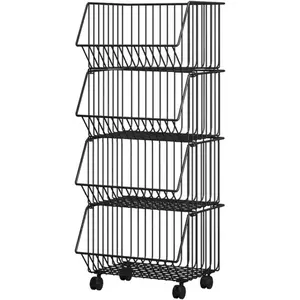 1PC 4-Tier Rolling Snack Basket Rack - Stackable Metal Display Stand for Office, Kitchen, Pantry, Retail Stores & Dorms - Freestanding Organizer, Black Color