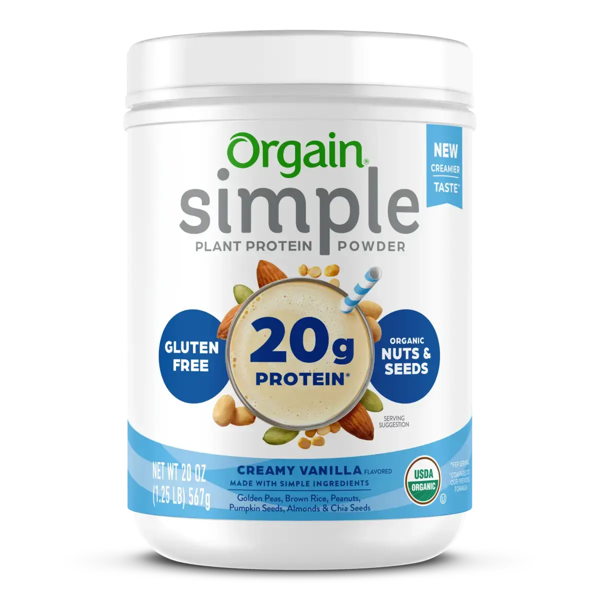 Orgain Simple Organic Plant-Based Protein Powder Creamy Vanilla | 20g Plant Protein | USDA Organic | Vegan | Gluten Free | Protein Shake Mix