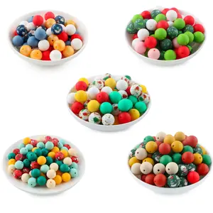 15 pcs 15mm Christmas-themed printed Silicone beads and Silicone Round bead assortment, multi-color combinations, suitable for various Christmas-themed necklaces, bracelets, beaded pens, and backpack charms, DIY Mix Beads