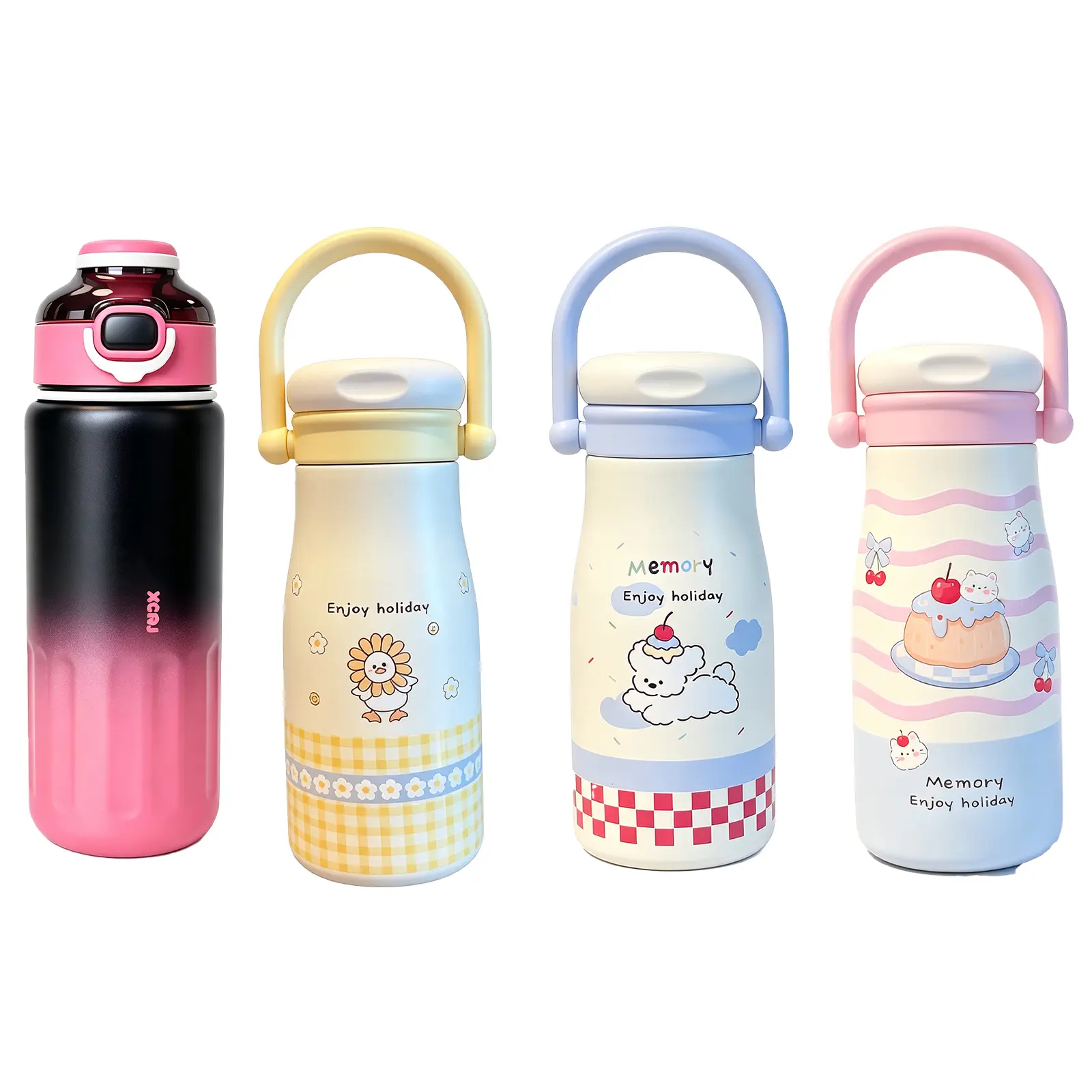 4Pcs Sunflower & Stripe Silicone-Handle Insulated Stainless Steel Vacuum Flasks Set, Flip Straw Leakproof Tumblers, Kawaii Thermal Travel Mugs, Reusable Drink Cups for Women Students (School, Sports Use), Cloud