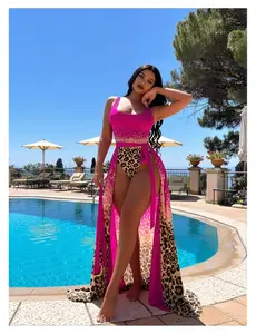 Leopard Sequin Swimsuit for Women - 2 Piece Bathing Suit High Neck Halter Top with Sheer Cover Up; Cute Leopard Print Swimwear for Beach, Pool, Vacation, Summer
