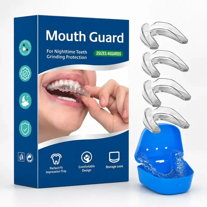 Mouth Guard for Teeth Grinding, 4 Pack Reusable Custom Fit Dental Guards in 2 Sizes for Adults, Teens & Child - Soft EVA Sports Accessory with Case, Easy To Carry, Dental Accessories