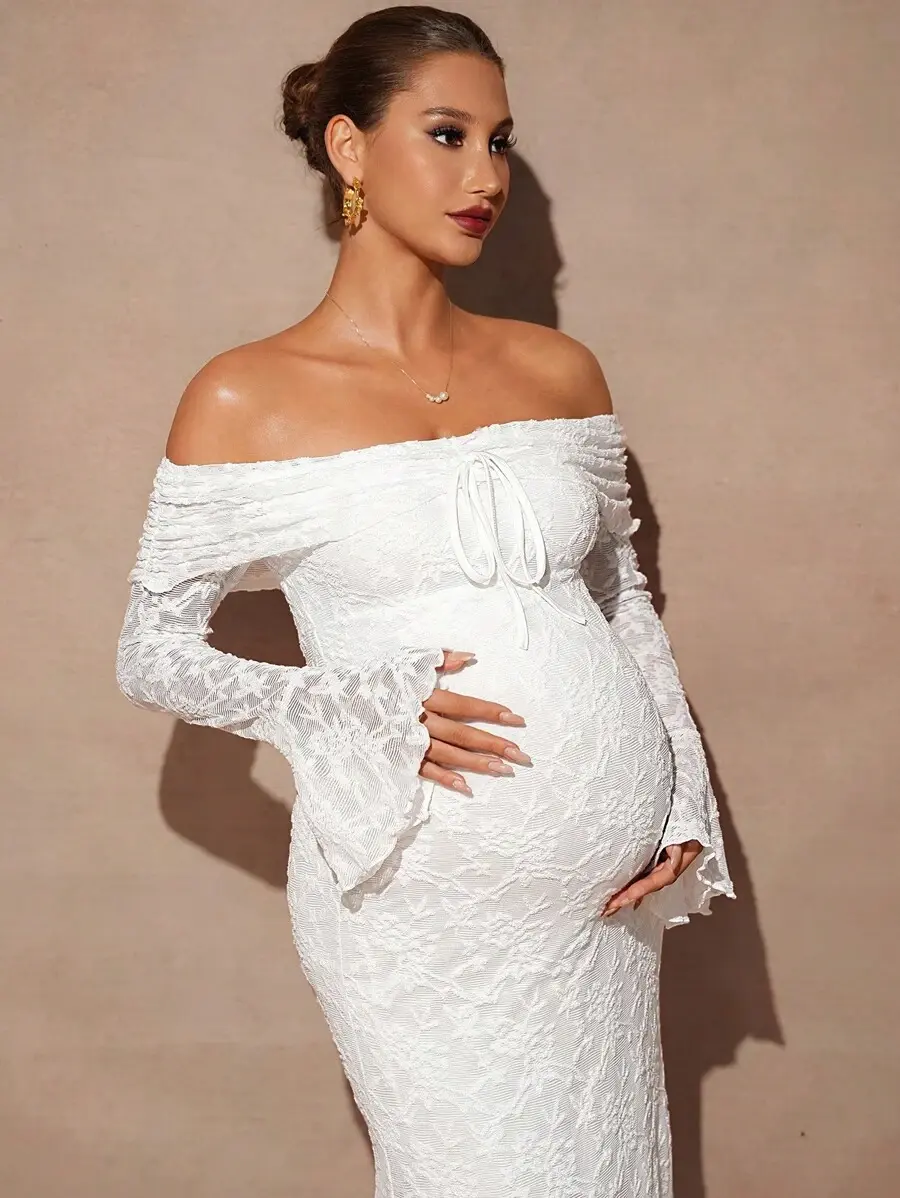 LAFERLIN Maternity White Dress Autumn And Winter Maternity Solid Color Off Shoulder Flare Sleeve Lace Fitted Long Dress