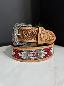 2” Beaded Aztec Leather Belt 2029 with Decorative Design and Decorative Buckle
