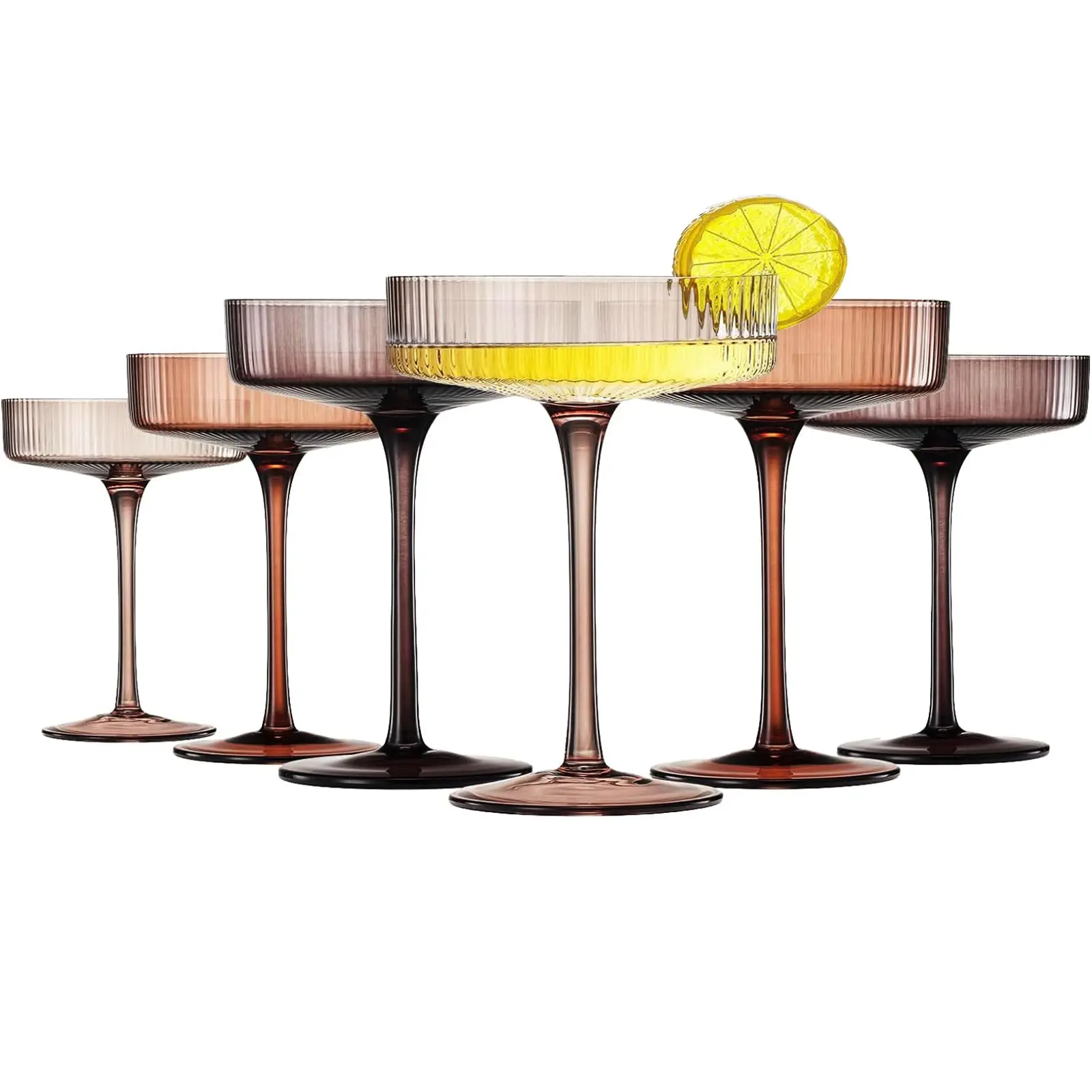 Khen Venus Colors 6 Pcs Ribbed Coupe Glasses, 10 oz Vintage Coupe Glass Set, Unique Martini Glass, Classic Cocktail Galssware, Bar Drinking Glasses Set Perfect for Cocktail, Wine, Champagne & Gift