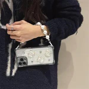 Rhinestone Decor Phone Case with Chain, Anti-drop Phone Protective Cover, Phone Accessories Compatible with iPhone 11 12 13 14 15 16 Pro Max, Casing, Shockproof Cellphone Accessory