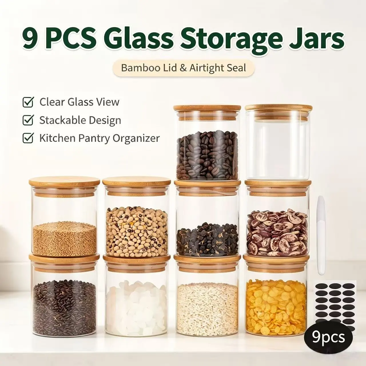 9-Piece Airtight Transparent Cylindrical Glass Food Storage Canisters with Lids - 500ml/17oz, Includes Note Paper & Pen, Ideal for Grains, Seasonings, Great Kitchen Gift, Spice/Snack Transparent Lid Containers, Airtight Food Storage, Spice Container, Pres