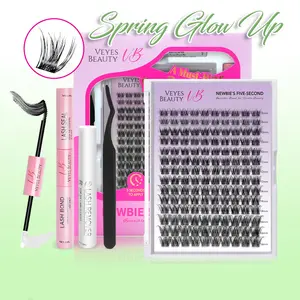 VEYESBEAUTY LuxeBold Cluster Lashes Eyelashes Cluster Individual Lash Extensions with Bond & Seal Tweezer Dramatic Volume Eyelash Wispy Faux Mink Lash Mixed Length DIY Large Tray for Self Makeup Cosmetic