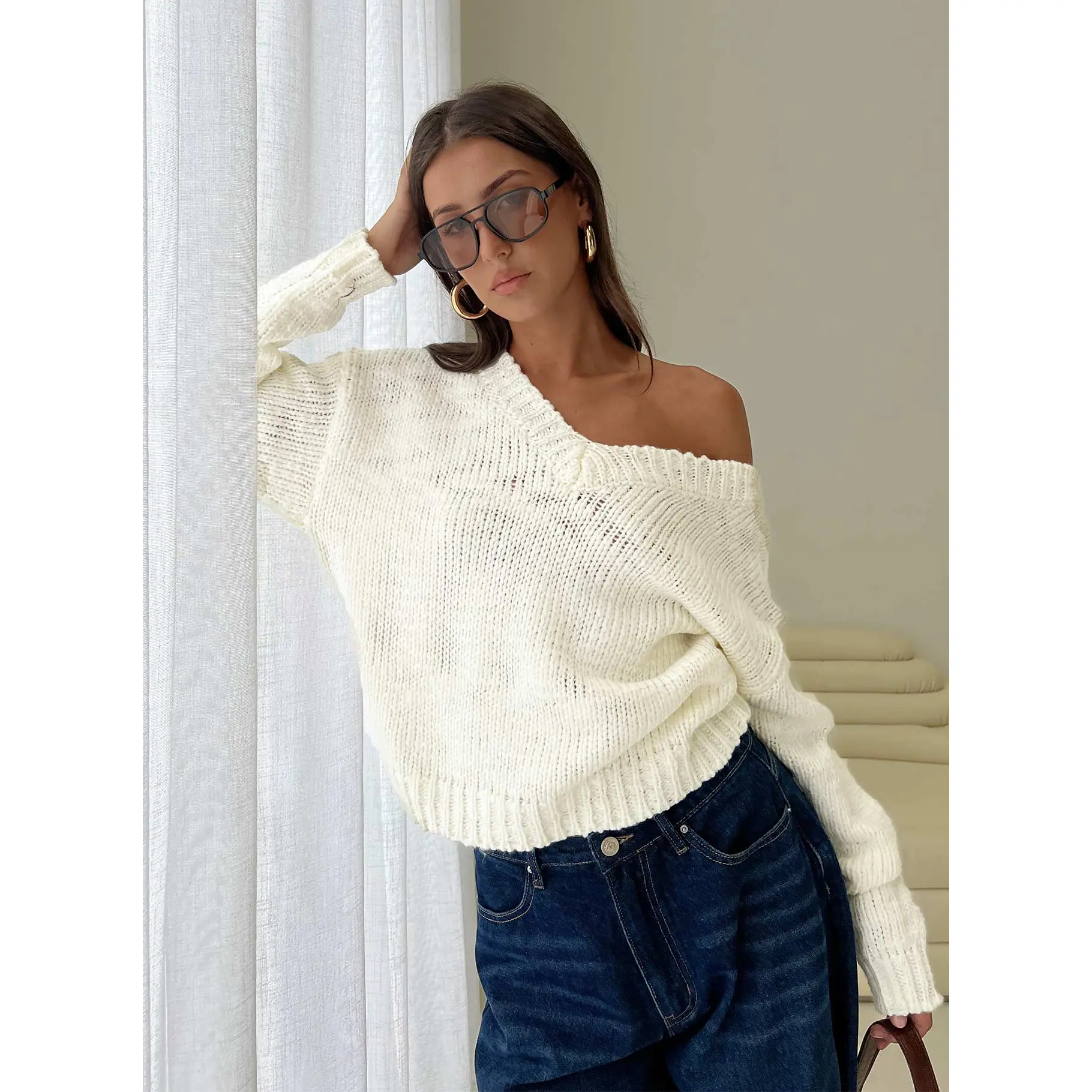 Talassa V Neck Knit Sweater White