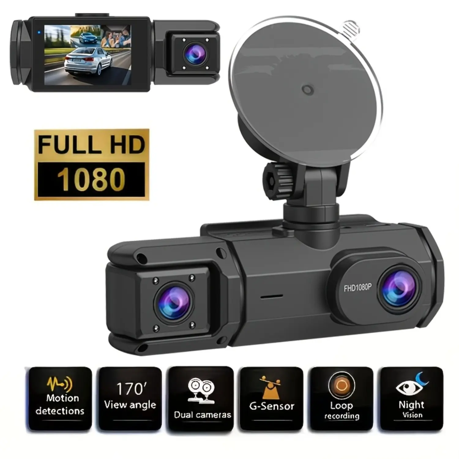 1080P HD Car Dash Cam, Dual Camera & Triple Camera Options, 2 Inch IPS Screen, 170° Wide Angle, G-Sensor, Loop Recording, Night Vision, Parking Monitor