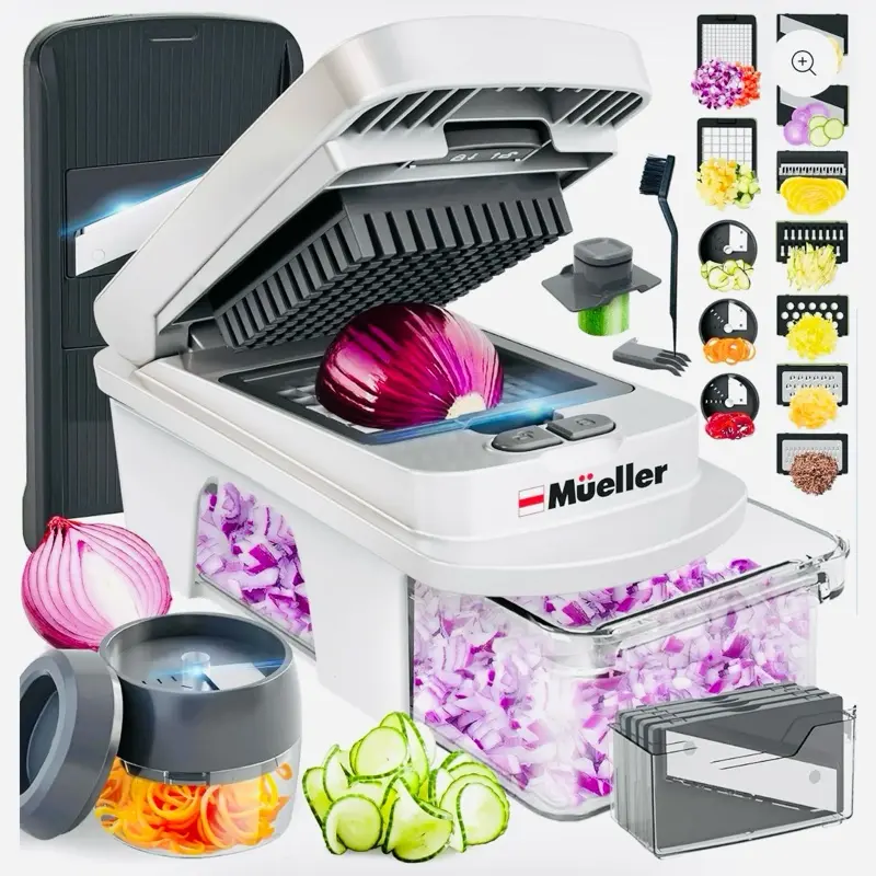 Pro-Series All-In-One, 12 Blade Mandoline Slicer for Kitchen, Food Chopper, Vegetable Slicer and Spiralizer, Cutter, Dicer, Grater, Kitchen Gadgets Sets with Container, White Sand/Gray