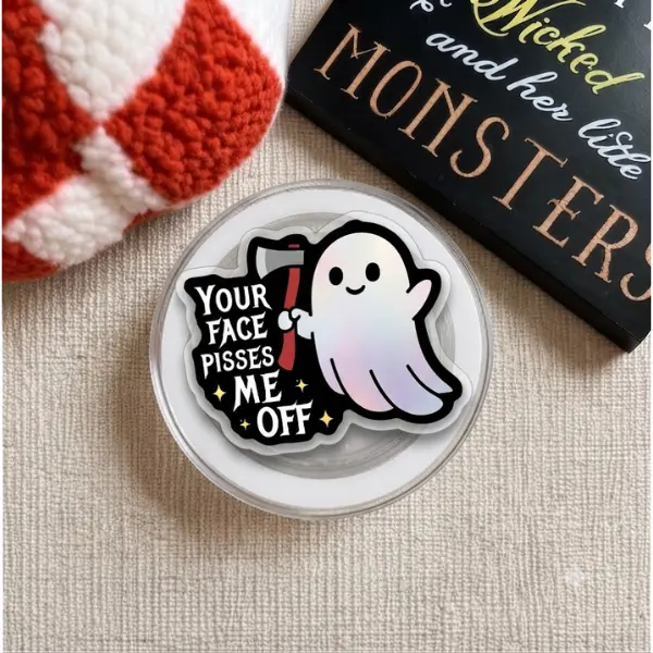 "Your Face Pisses Me Off" Ghost with Axe MagSafe Phone Grip, Funny Sarcastic Ghost PopSocket, Cute Threatening Spooky Accessory, Relatable Humor Gift, TikTok Viral Merch