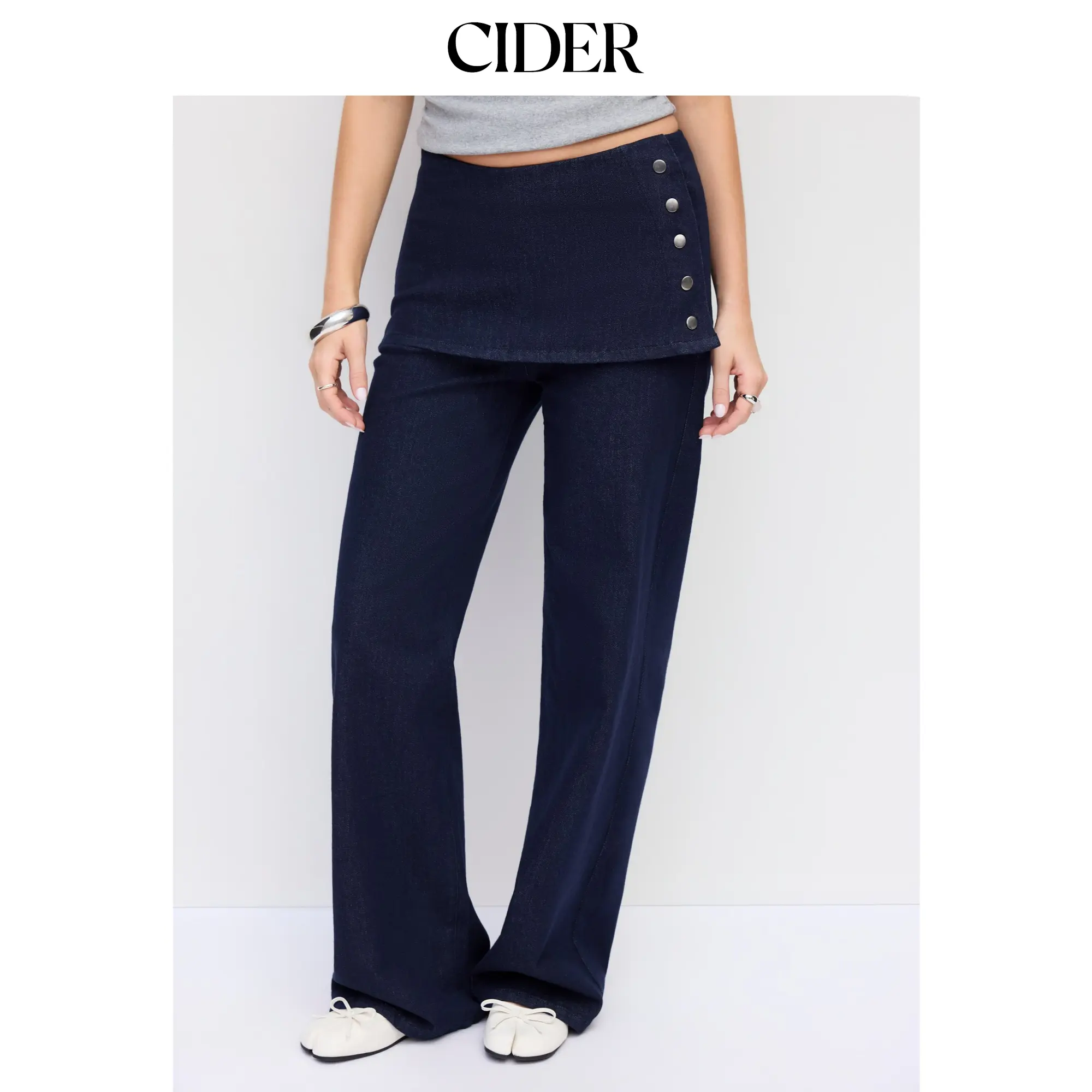 Cider Stretch Denim Low Rise Wrap Metal Detail Straight Leg Jeans