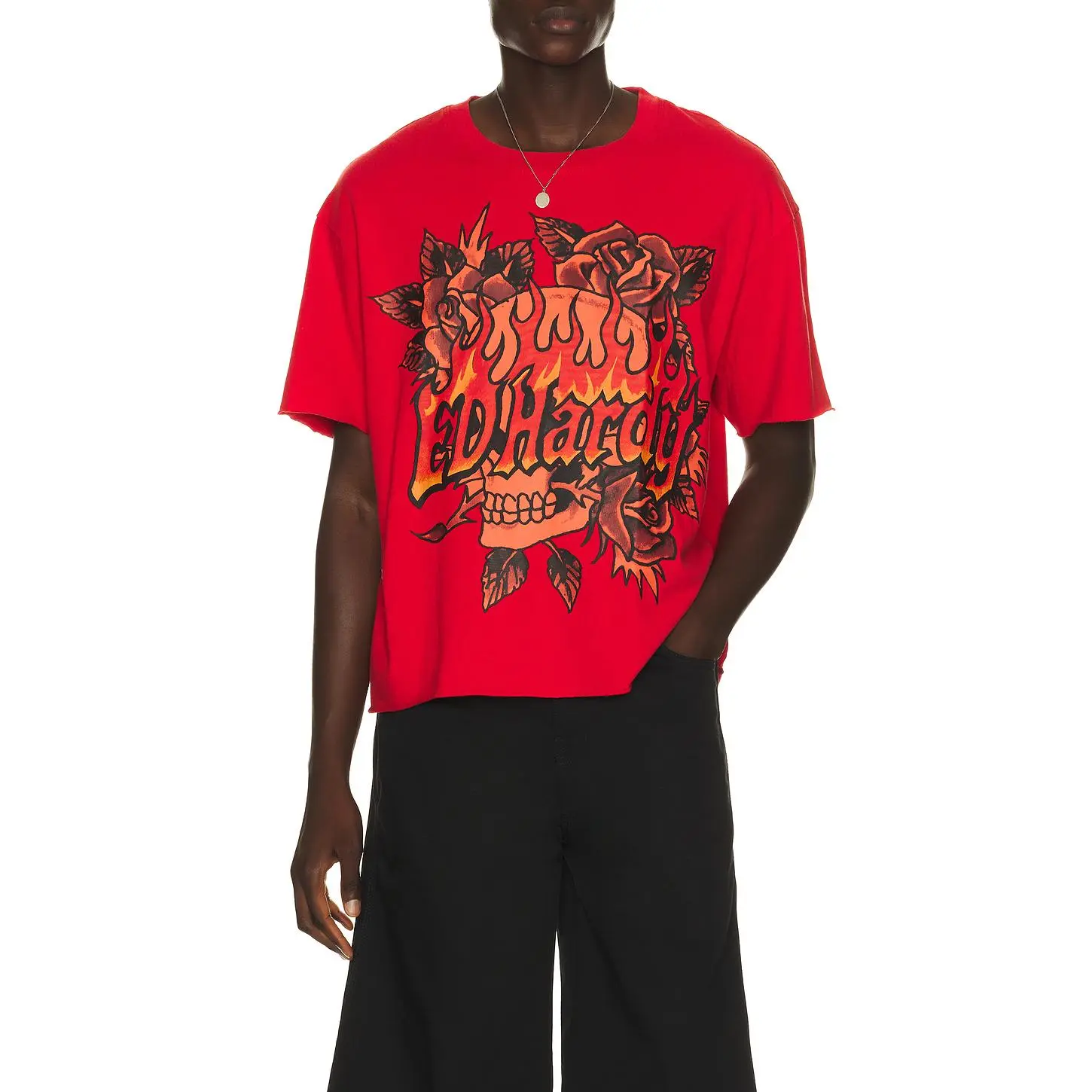 Ed Hardy Skull Roses Boxy Cropped Tee in Mineral Red