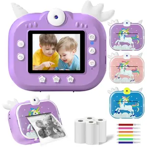 Polaroid children's camera, instant HD digital camera with 48MP and 1080P video functions, compact and portable cartoon unicorn design, including 32GB card, 3 rolls of photo printing paper, 6 DIY color pens, perfect gift for boys and girls aged 3-12