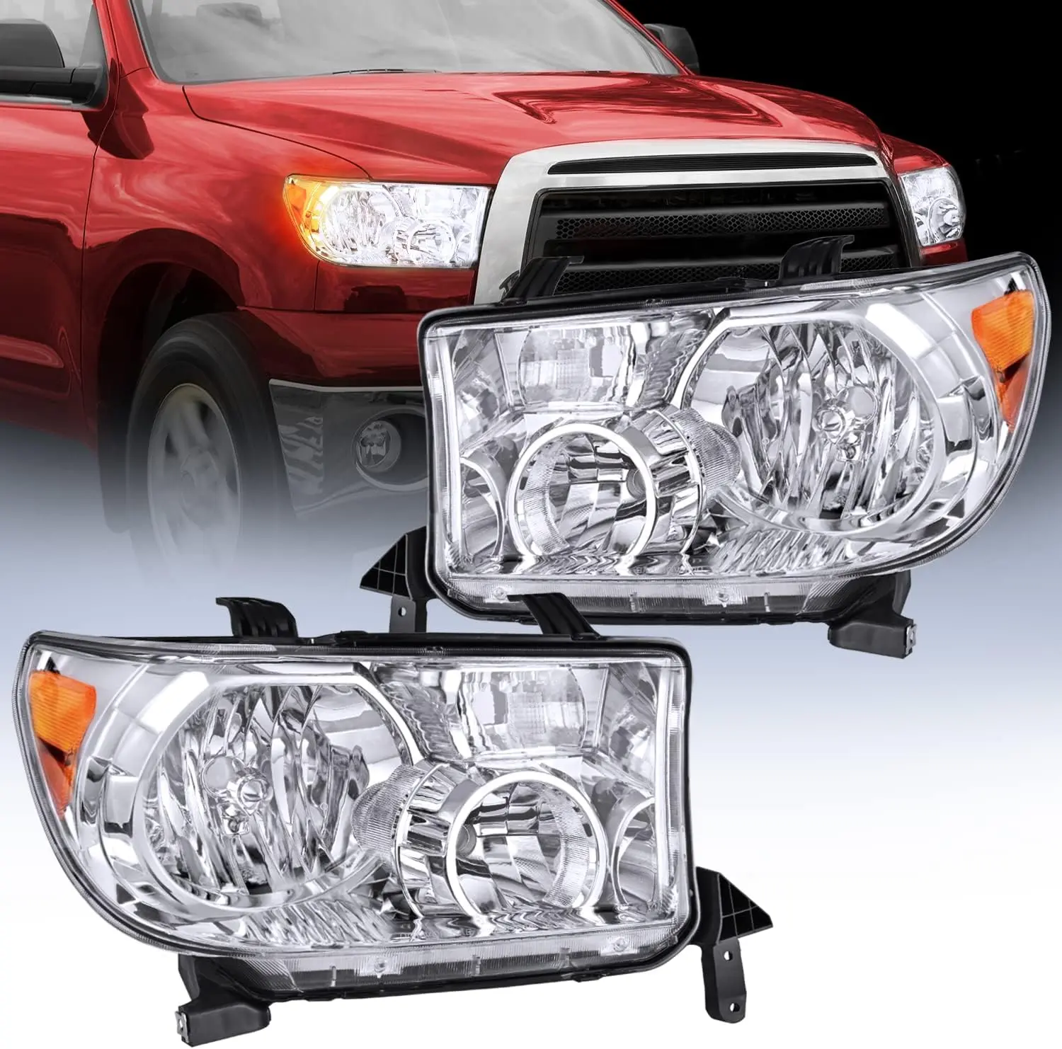 Nilight High Lumen Headlight Assembly - Adjustable, Waterproof, Leakproof, Reflective Chrome Housing with Amber Reflector, Driver & Passenger Side Replacement for 2007-2013 Toyota Tundra, 2008-2017 Sequoia Car Lights
