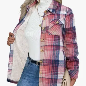 Women's Fleece Sherpa Jacket Casual Long Sleeve Button Down Plaid Flannel Shacket Shirt Winter Coat with Pockets