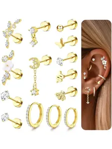 14 Pcs Unisex Golden Cartilage Piercing Assortment for Women Men Premium Surgical Steel Flat Back Studs Small Hoop Earrings Hypoallergenic Body Jewelry Fit for Helix Conch Daith Tragus Piercings Sleek Minimalist Design Lightweight Comfortable for Daily