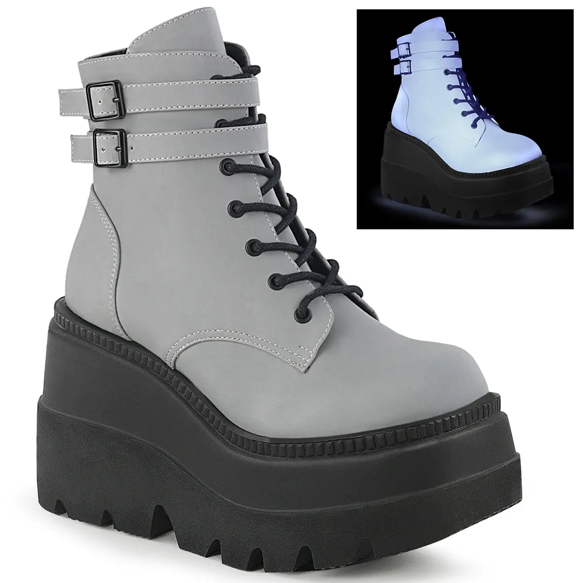 Demonia Shaker-52 Gray Reflective Ankle Boots