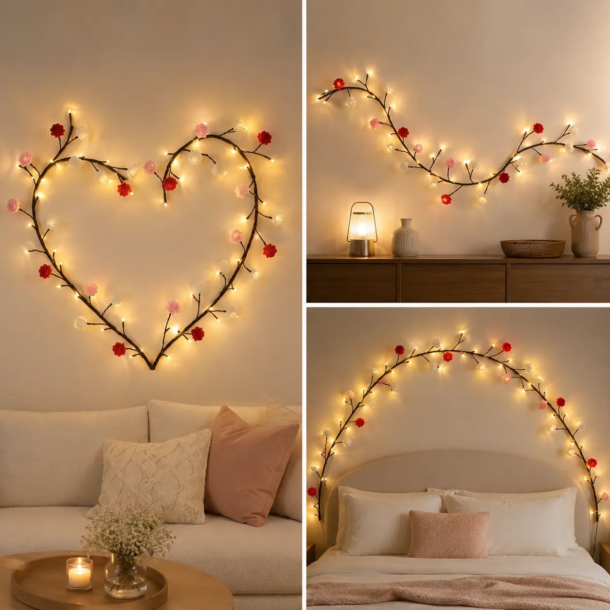 1PC 96 LED Rose Branch Vine Lights,Summerwins， 6FT USB Powered Red Pink White Flower Fairy Lights with Wall Clips and Manual Lighting Modes, Flexible Indoor Wall Décor for Bedroom, Living Room, Party, Holiday Decorations and Gifts