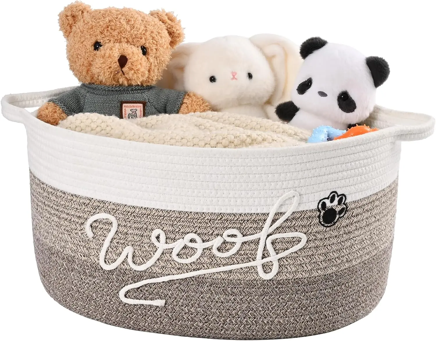 Woof Dog Toy Basket with Handles, Large Dog Toy Storage Bin with Paw Print, Woven Dog Basket for Blankets, Toys, Chews, Pet Toy Box for Nursery, Living Room, Bedroom, 17x12x9, Brown