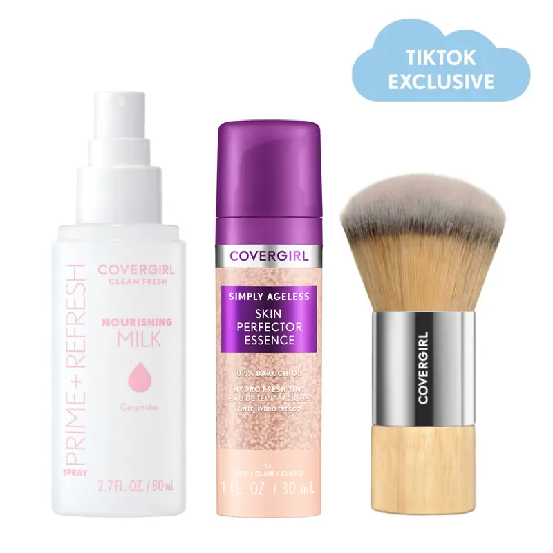 COVERGIRL Prime + Perfect Cosmetic Bundle - Clean Fresh Nourishing Milk Spray Primer, Hyaluronic Skin Perfector Essence, Dewy Finish Blending Brush for Selfcare Glowup, Radiant Glow & Refreshed Look (Cream, Tinted Application)