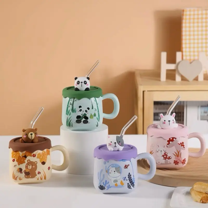 13 oz Mug with Lid & Straw - Cute Animal Designs, Available in Various Colors - Drinkware, Cup Ceramic