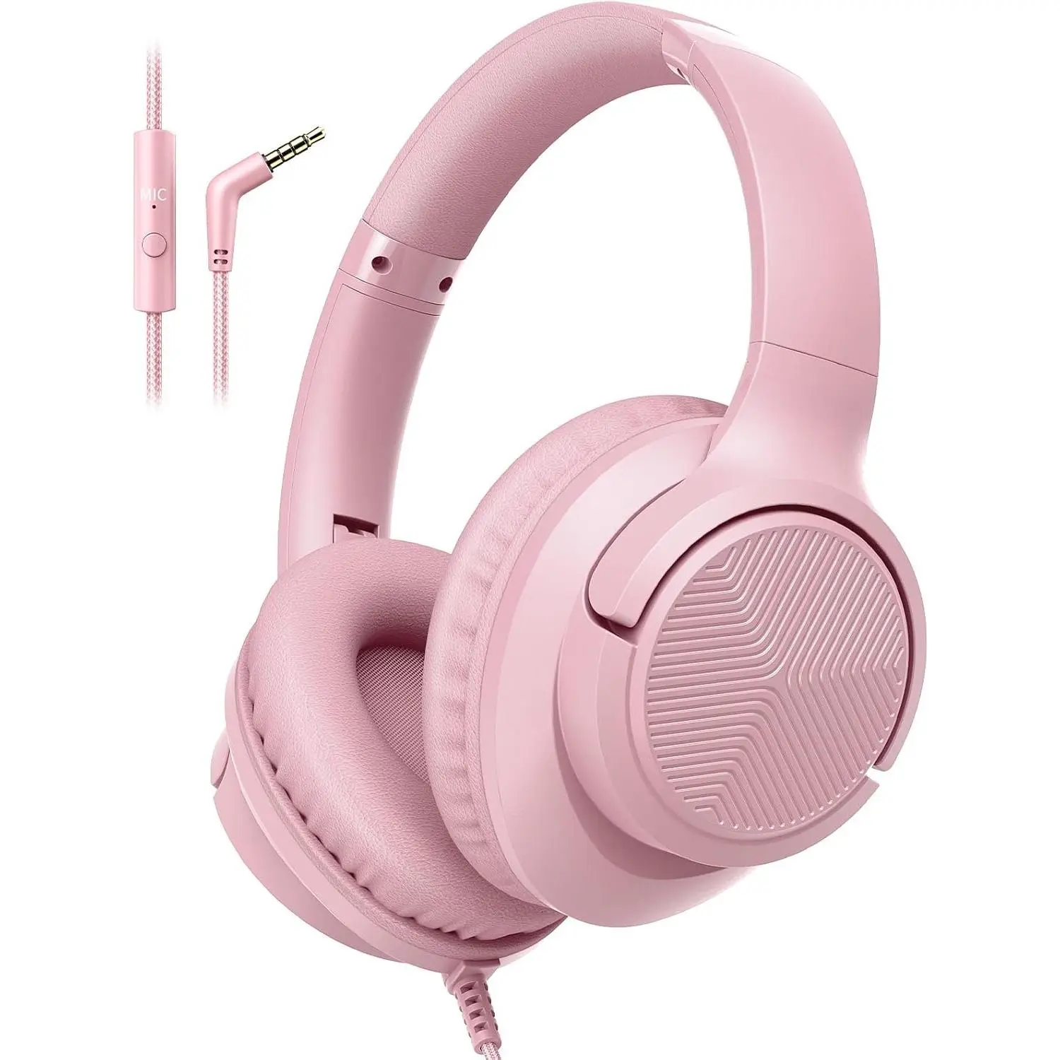 F-HPS11A Wired Over-Ear Headphones with Microphone, Comfortable & Adjustable Folding Design, 3.5 mm Jack, 4.9ft Tangle-Free Nylon Cable, Portable for Commuting, Tablet, Laptop (Pink)