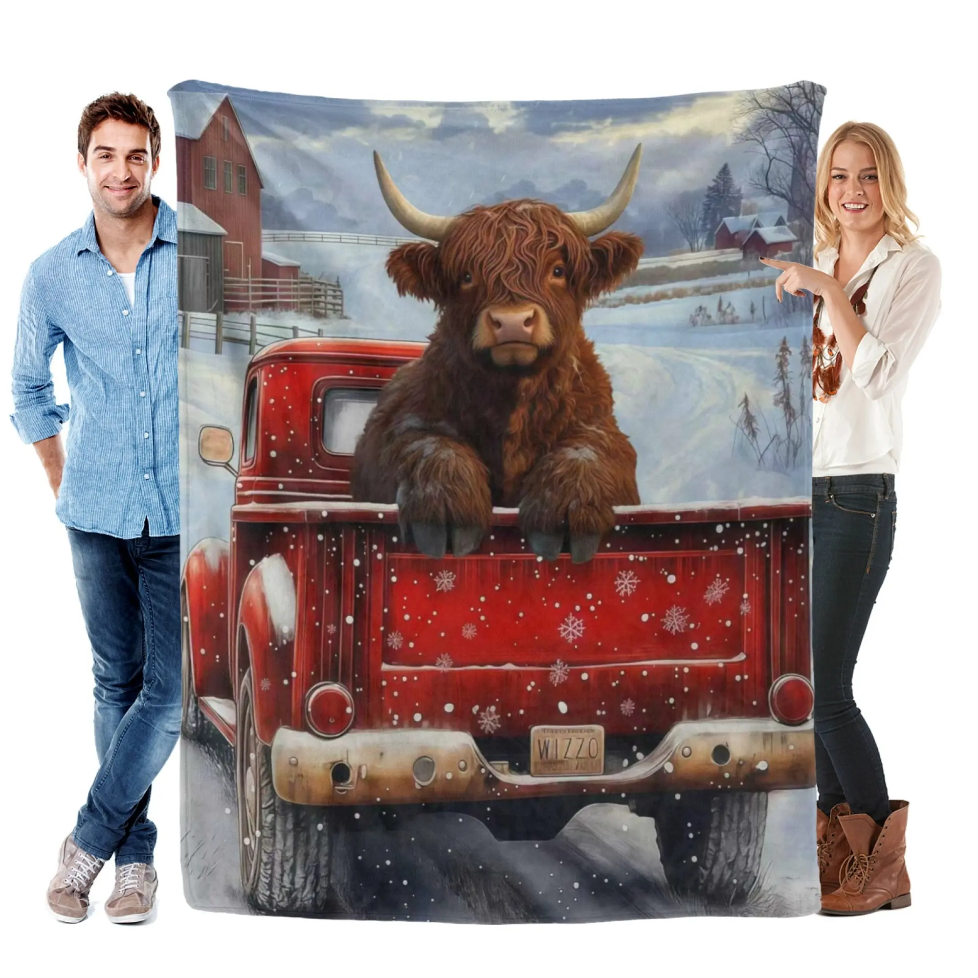 Highland Cow Red Vintage Winter Truck Flannel Throw Blanket - Flannel Fabric, Snowy Farmhouse Fun, Soft Warm Fleece, Country Rustic Blankets, Modern Rustic Decor for Sofa-Bed, Home & Travel Gift for Highland Cow Lovers Women