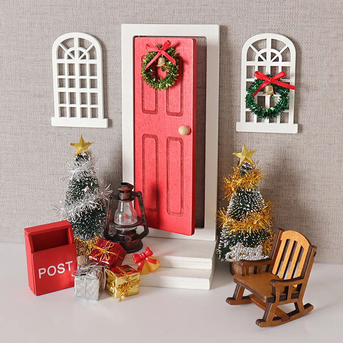 19pcs Unisex Dollhouse Christmas Mini Scene Accessories - DIY Assembly Door and Window Model, Christmas Tree Ornaments, Handmade DIY Mailbox, Rocking Chair, Lanterns, Bells, Wreaths for Customization Fun