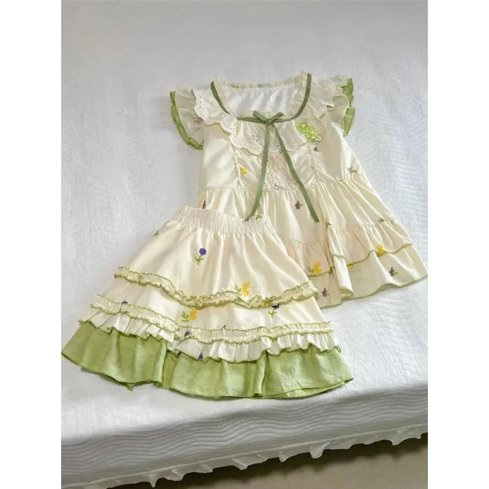 Women Two Piece Set Sweet Lolita Style Short Sleeve Bow Top and Ruffle Mini Skirt Print Cute Korean Outfit Summer Matching Suit