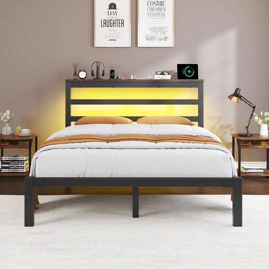 Metal Platform Bed Frame with Vintage Steel Headboard, RGB LED Light, Underbed Storage, Heavy Duty Sturdy Platform Bed Base, Easy to Assemble, Heavy Duty Bed Frame