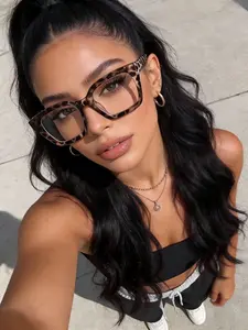 Women's Leopard Print Square Plastic Frame Blue Light Blocking Glasses, Leopard Pattern Eyeglasses, Fashion Retro Transparent Lenses, Lightweight Comfortable