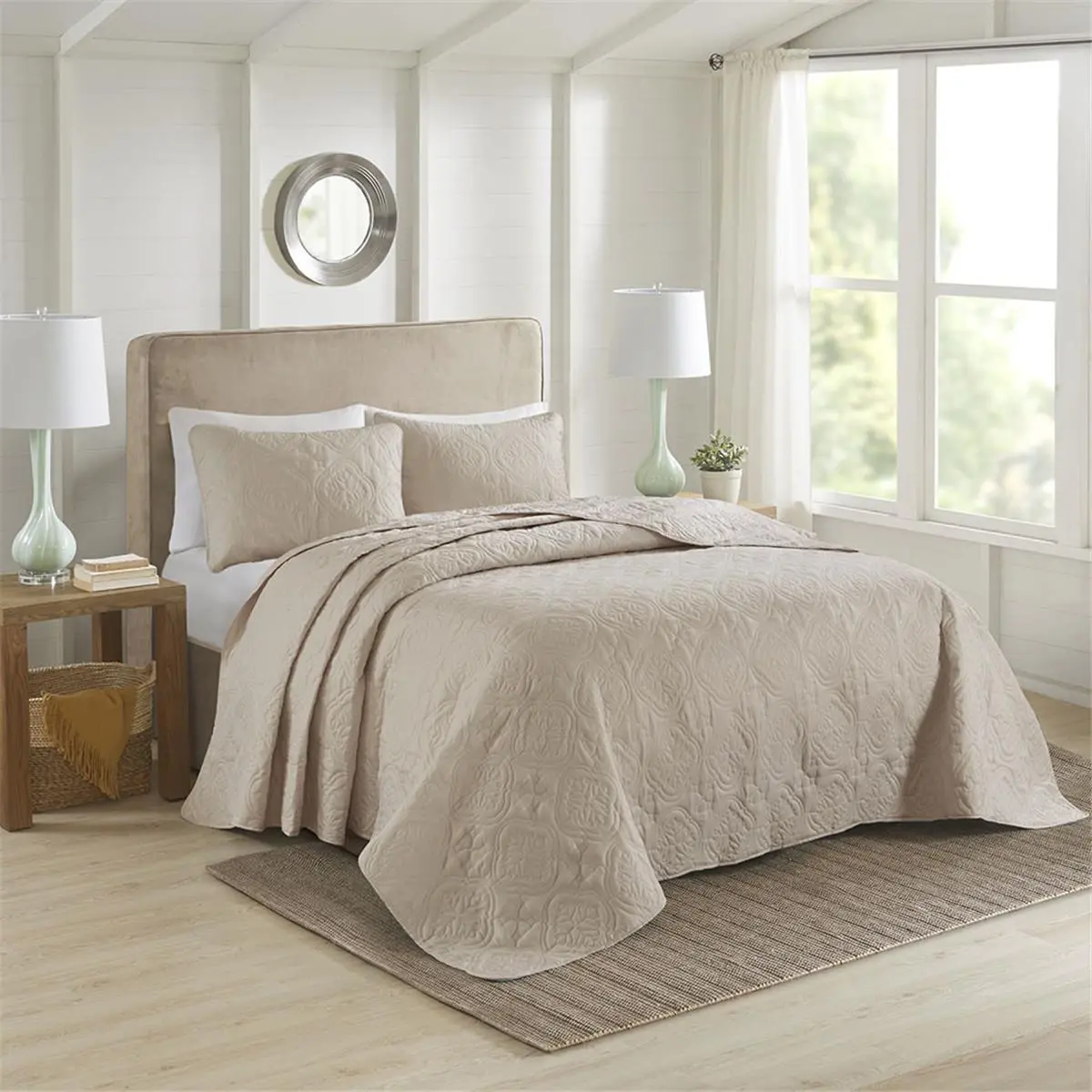 510 Design 212 MAIN 5DS13-0168 Full & Queen Oversized 3-Piece Comfy Decorative Quilt Set, Solid Khaki 100% Polyester Microfiber Bedspread & Coverlet, Transitional Style, Machine Washable, Bedroom Decor, Decorative Bedding Set, Comfy Bed Sets