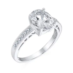 Traditional 3CT Oval Solitaire Engagement Ring with CZ Pave Filigree Band Silver