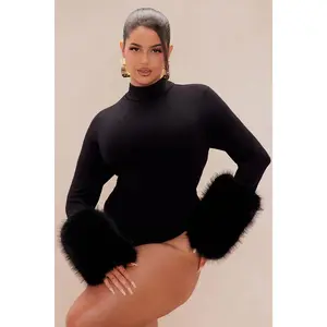 Fur Cuff Bodysuit Long Sleeve Leather Sleek Mock Neckline Faux-Fur Cuffs Comfortable Stretchy Fabric Versatile High-Waist Pairing