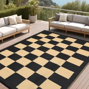 9x12 Ft Rug, Large Waterproof Reversible Straw Mat, Foldable Lightweight Camping Carpet, UV-Resistant Geometric Area Rug for, RV,, Porch, Deck, Beach