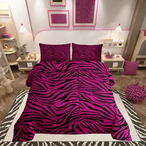 Black Pink Zebra Skin Comforter Set,Wild Animals Bedding Set for Kids Girls Women,Adults Zebra Stripes Comforter,Zoo Animal Fur Quilted Duvet Set,Bedroom Collection, Comforters, Bed Comforter Set