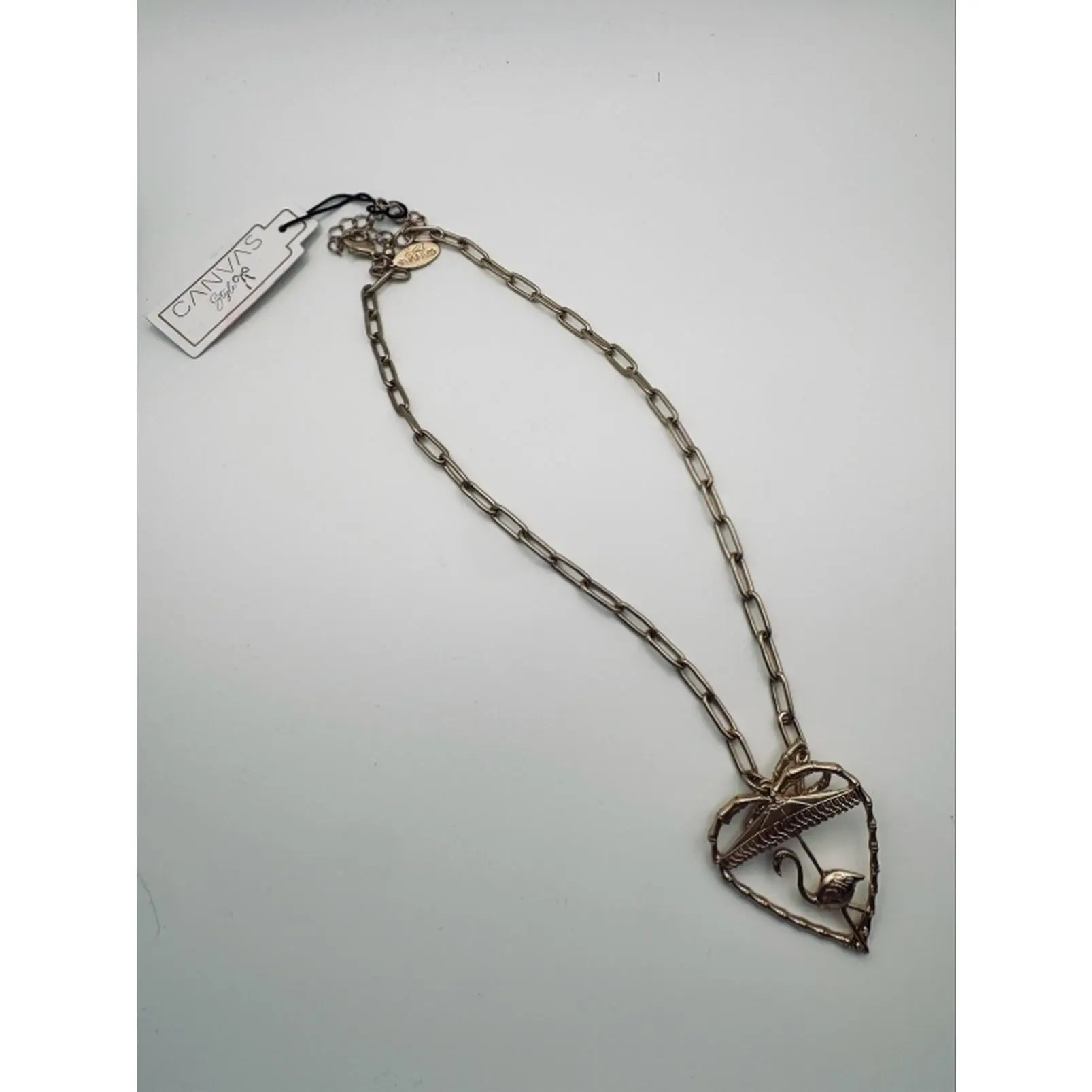 Shiny Gold Heart Pendant Necklace with Flamingo Design & Decorative Bow Polished Gold-Tone Finish Chunky Link Chain for Everyday & Special Occasions