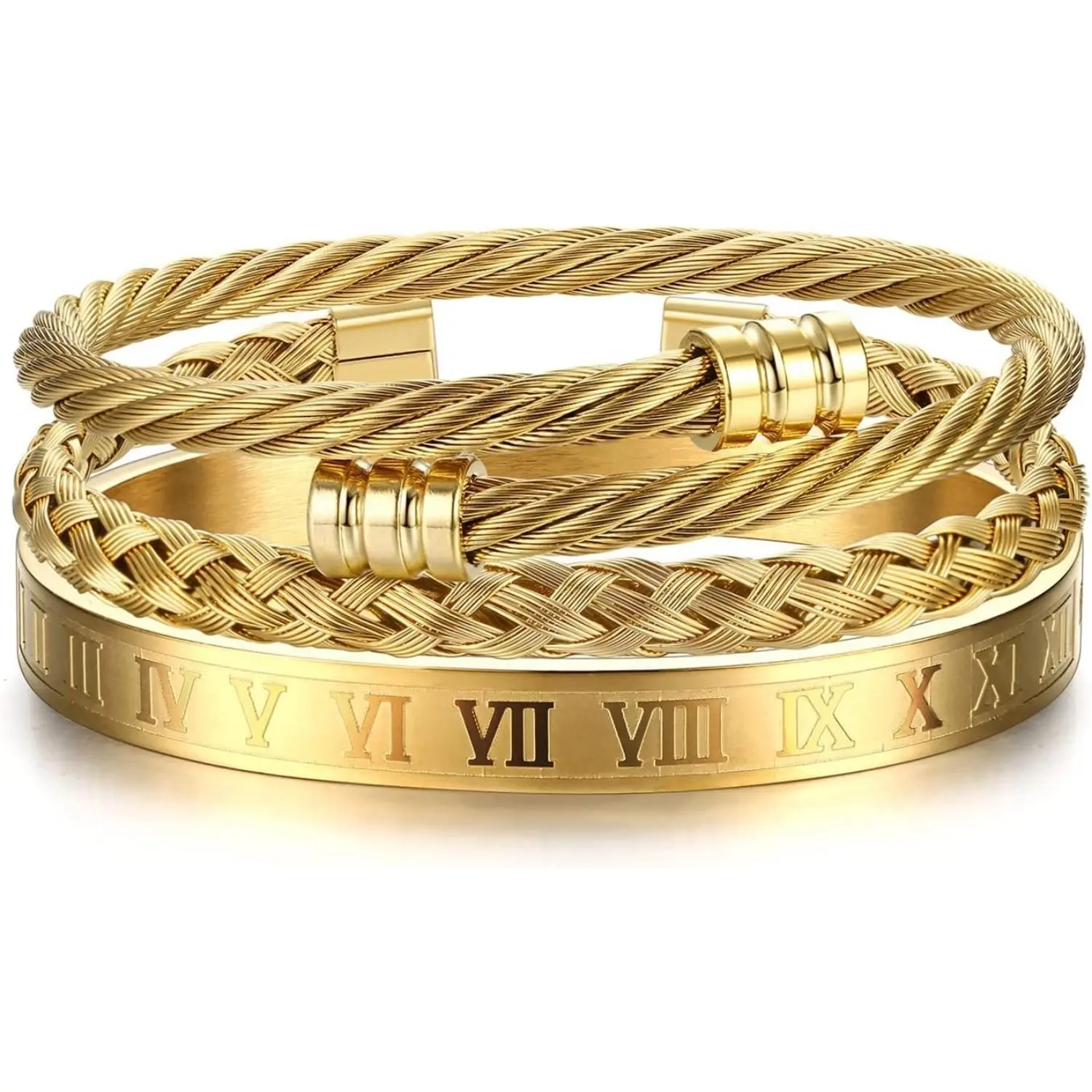 FLORIDECO Men's 3Pcs Stainless Steel Wrist Jewelry Set - Adjustable Cuff, Roman Numeral Bangle, Twisted Cable Styles - Elegant Minimalist Bangle, Stackable Bracelets, Bracelet Stack - Luxurious Gift (Gold/Silver/Black), Trendy Stack Bangle,summerwins