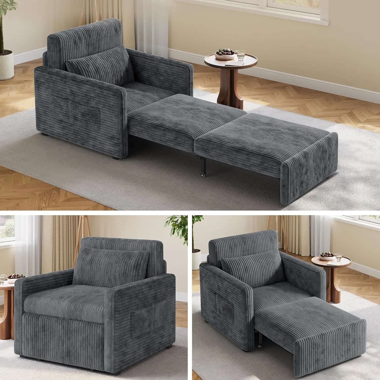 Gizoon 3 in 1 Pull Out Sleeper Chair, 75.2" Long Convertible Sofa Bed for Adults, Corduroy Armchair Chair Bed & Single Sleeper with Pillow for Dorm/Bedroom, Dark Grey