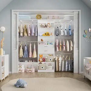 57''-96'' Adjustable Walk-in Closet Organizer System with 2 Drawers & 5 Hanging Rods, Modern Closet System with Shelves for Nursery & Walk-In Closets Wardrobe Storage Storage Furniture