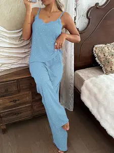 Spring Summer New Heart Print Women's Lace Trim Sleepwear Pajama Set, Elastic Fabric Comfortable Breathable, Indoor Outdoor Casual Home Wear
