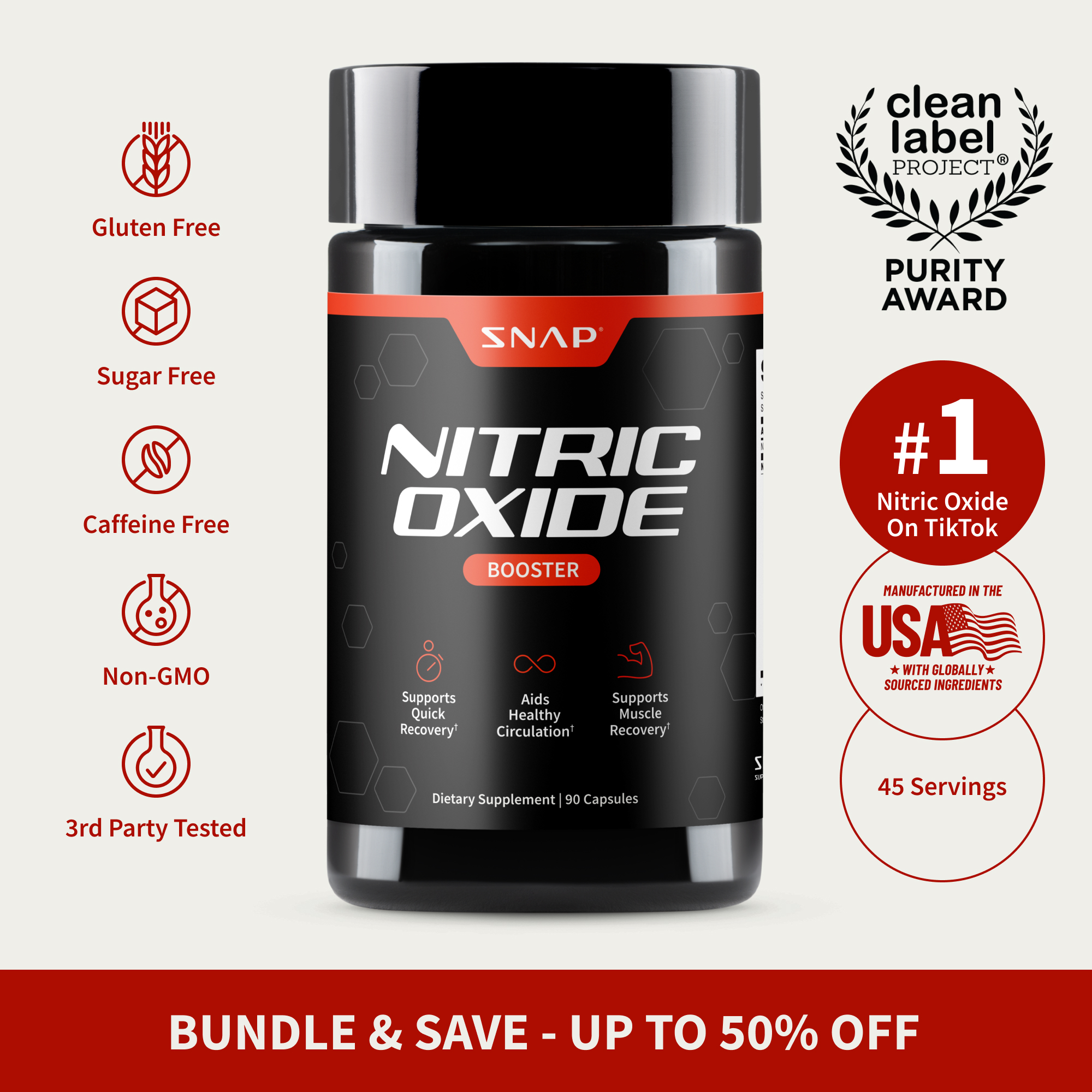 Snap Supplements - Nitric Oxide Booster - Support Healthy Blood Circulation - Nitric Oxide Supplement for Men and Women - 3rd party tested - 90 Count